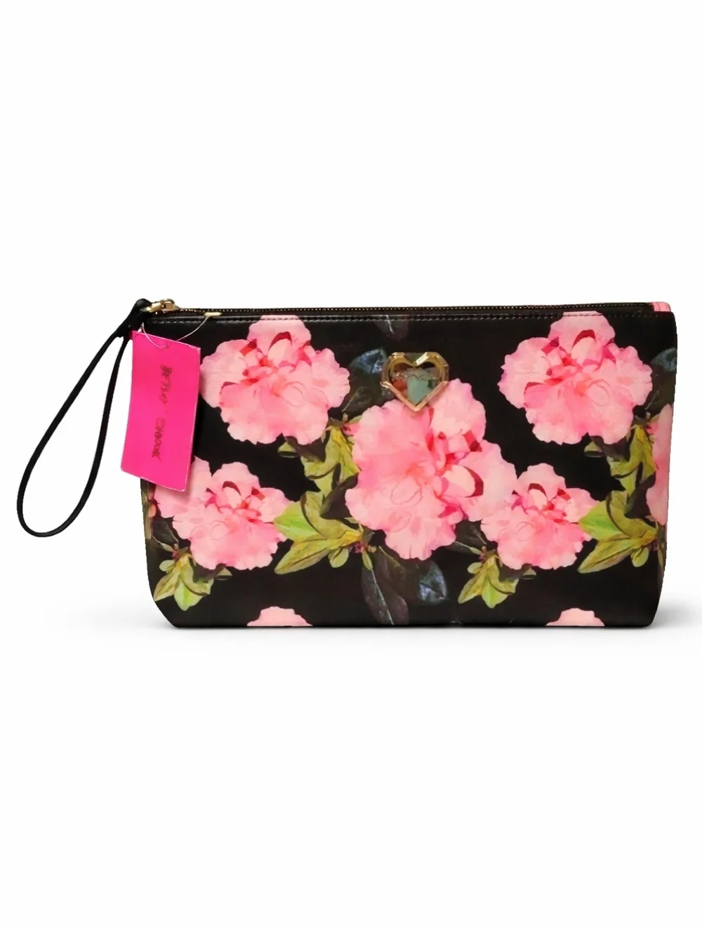 Betsey Johnson Printed Pebble Wristlet Flowers Black and Pink